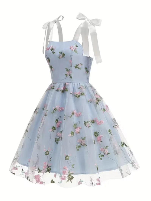 Floral Midi Dress with Ribbon Straps