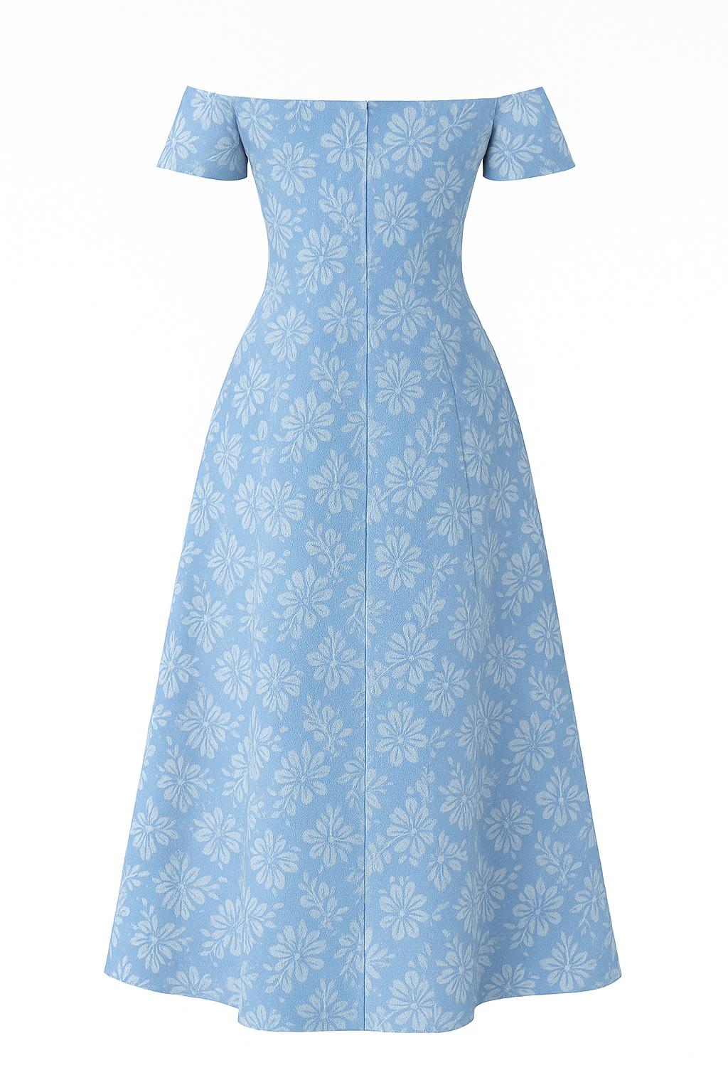 Blue Maxi Dress with Off Shoulder Neckline