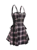 Plaid Mini Dress with Zipper Front and Side Ties