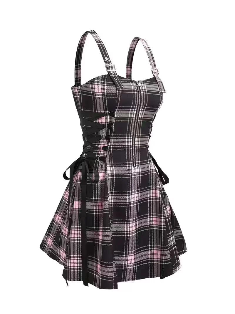 Plaid Mini Dress with Zipper Front and Side Ties