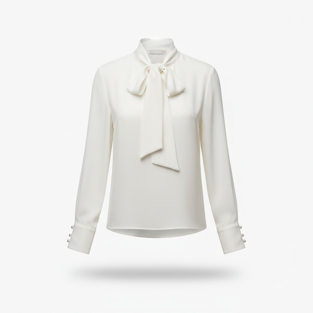 Blouse in Pearl White with Tie-Neck Detail