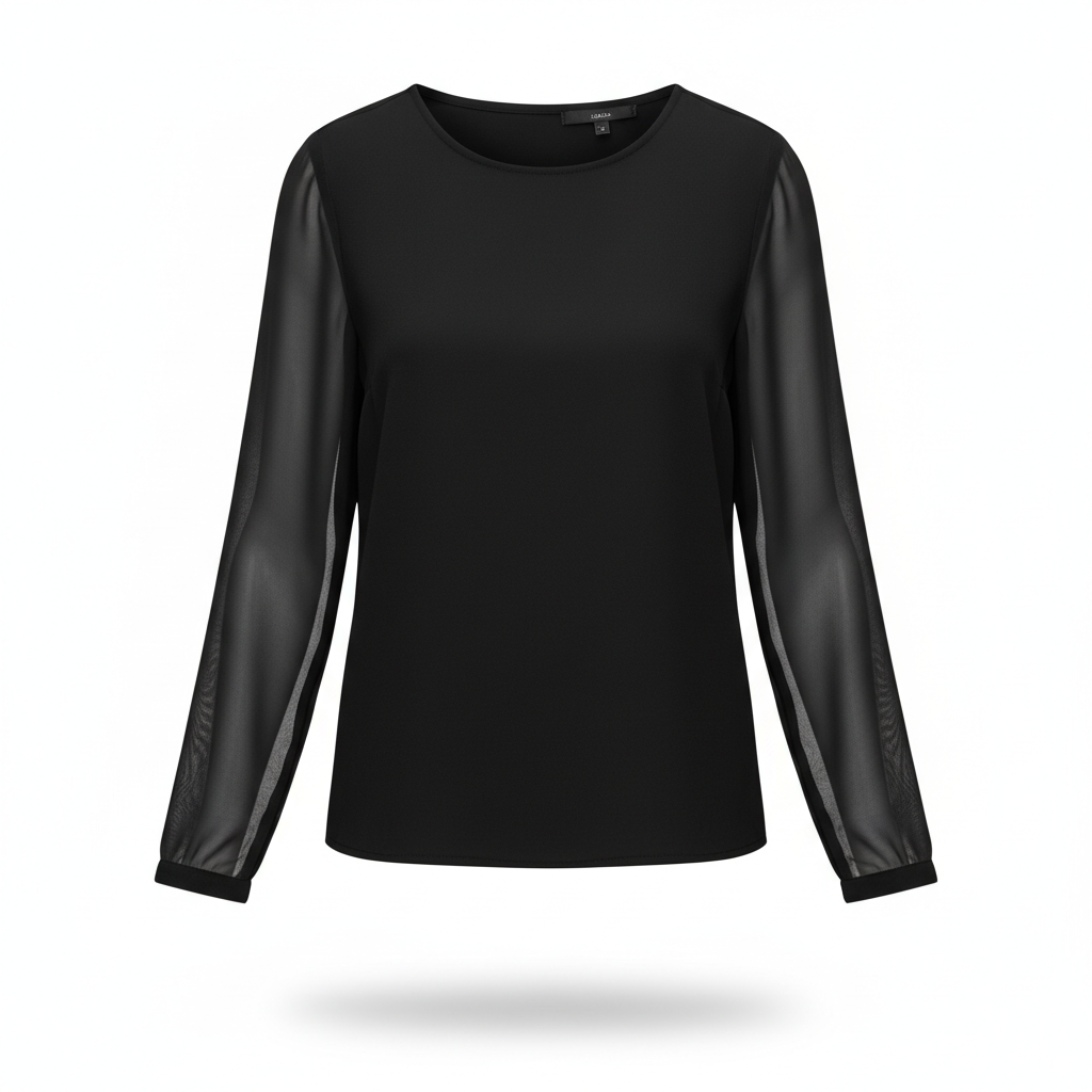 Blouse in Midnight Black with Sheer Sleeves