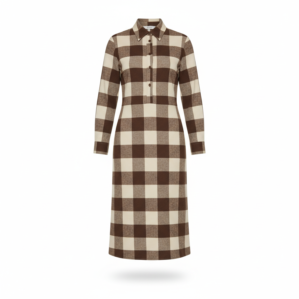 Midi Dress with Mocha and Cream Checked Print