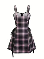 Plaid Mini Dress with Zipper Front and Side Ties