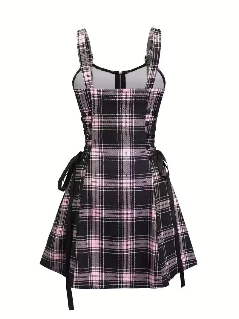 Plaid Mini Dress with Zipper Front and Side Ties
