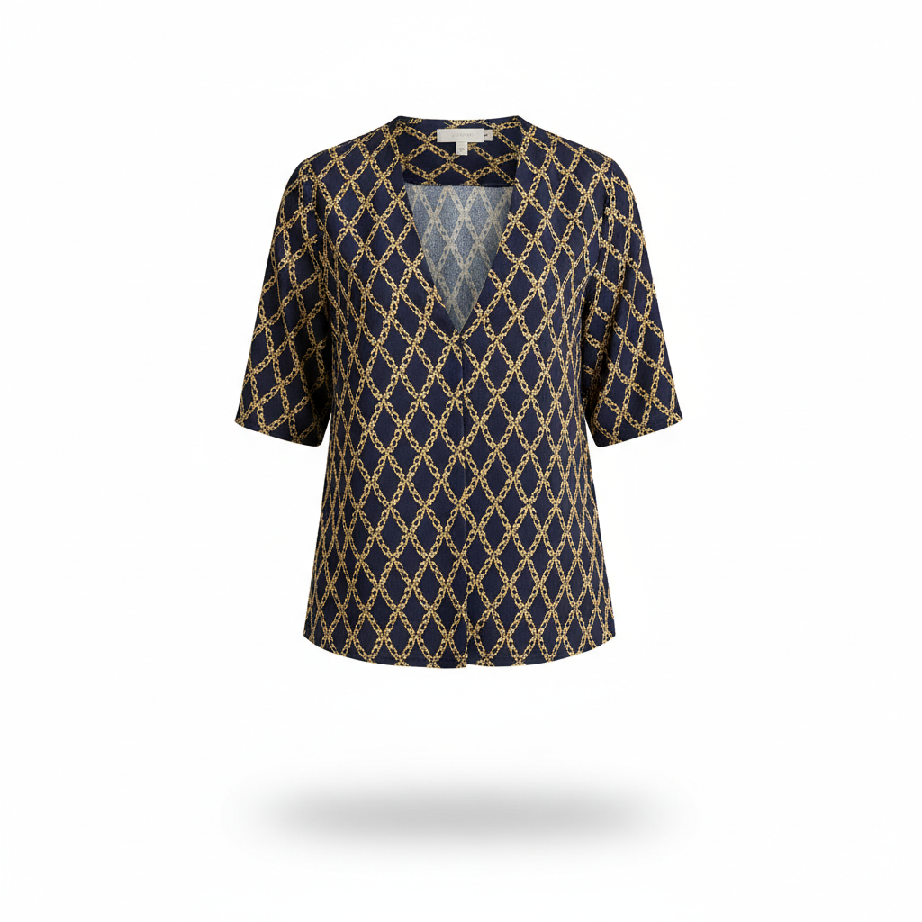 Blouse with Navy and Gold Chain Print