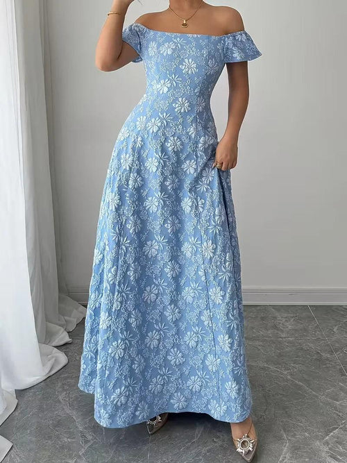 Blue Maxi Dress with Off Shoulder Neckline