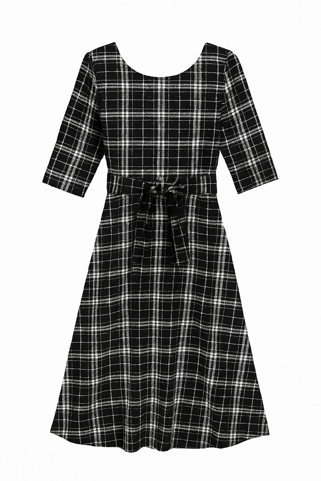 Plaid Midi Dress with Belted Waist and Three Quarter Sleeves