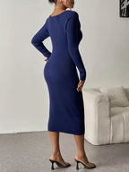Navy Midi Dress with Long Sleeves and Square Neck