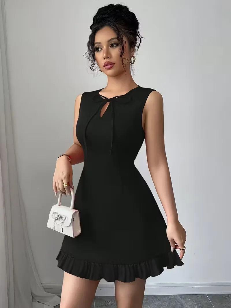 Black Mini Dress with Tie Neckline