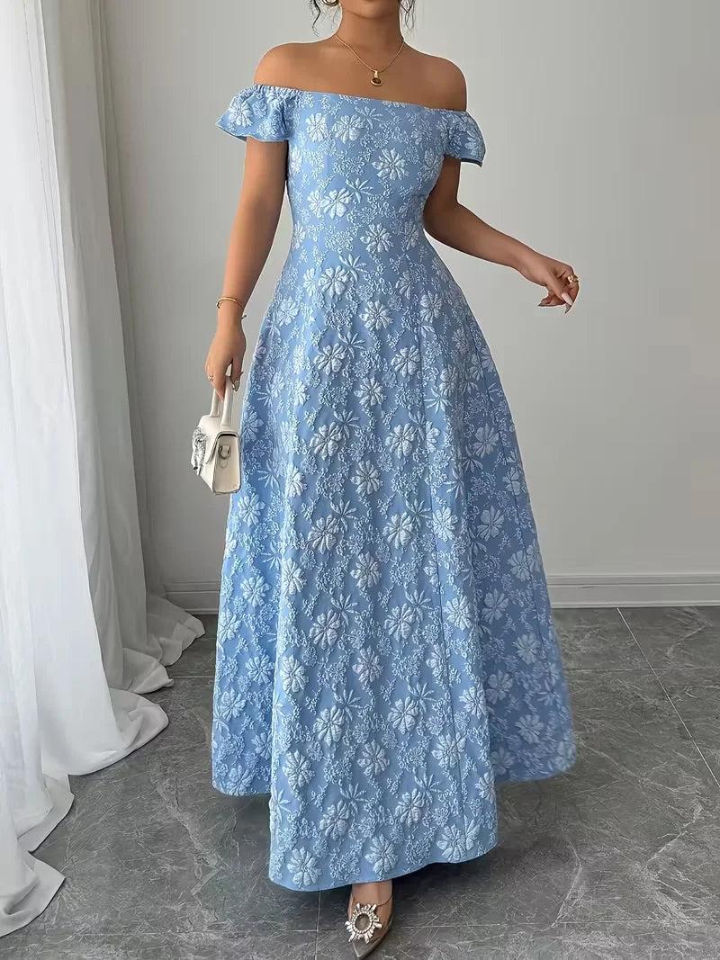 Blue Maxi Dress with Off Shoulder Neckline