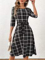 Plaid Midi Dress with Belted Waist and Three Quarter Sleeves