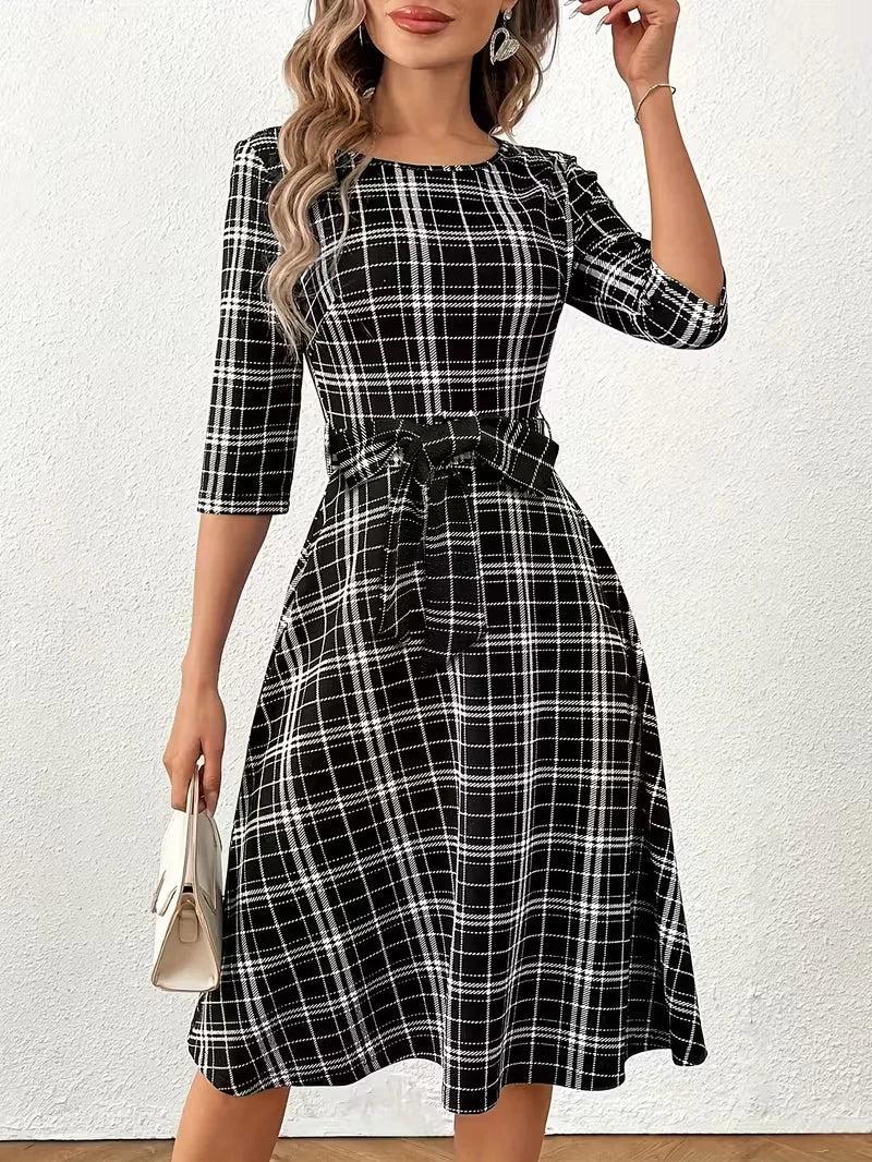 Plaid Midi Dress with Belted Waist and Three Quarter Sleeves