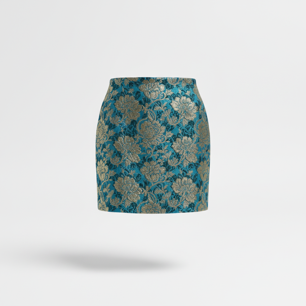 Skirt with Teal and Gold Floral Brocade