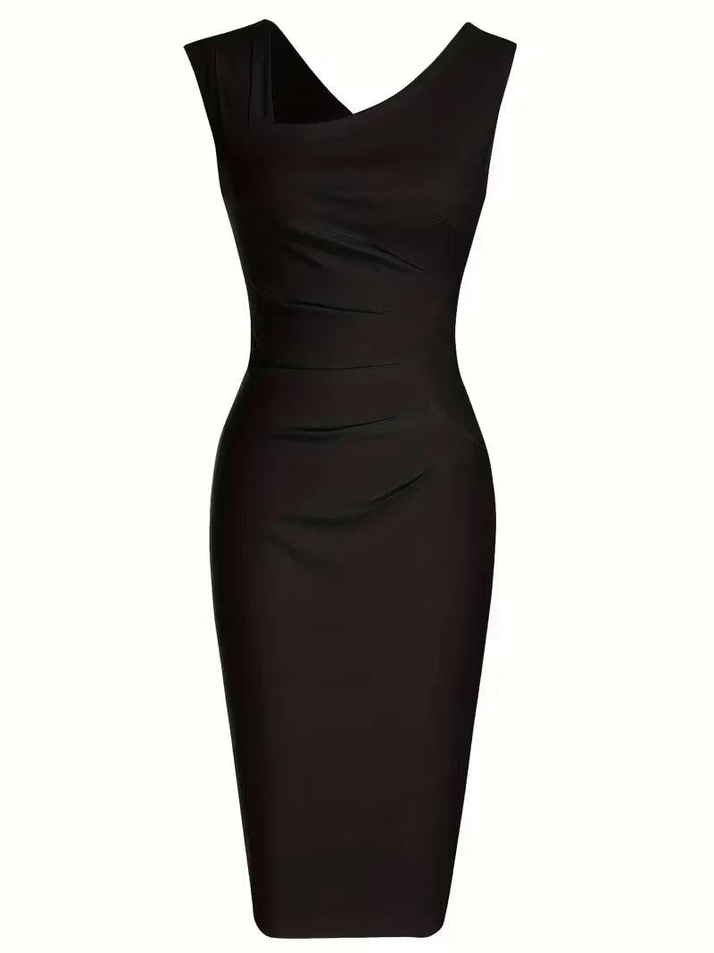 Black Midi Dress with Asymmetrical Neckline