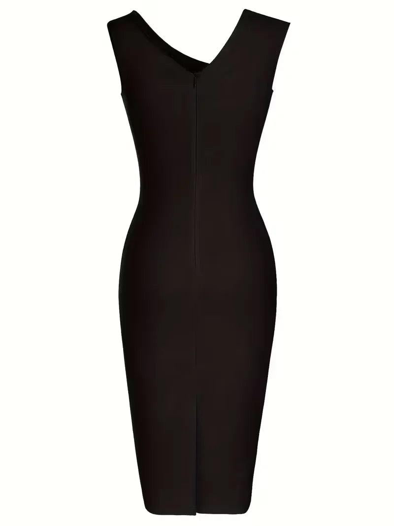 Black Midi Dress with Asymmetrical Neckline