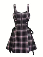 Plaid Mini Dress with Zipper Front and Side Ties