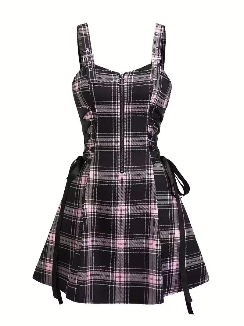 Plaid Mini Dress with Zipper Front and Side Ties