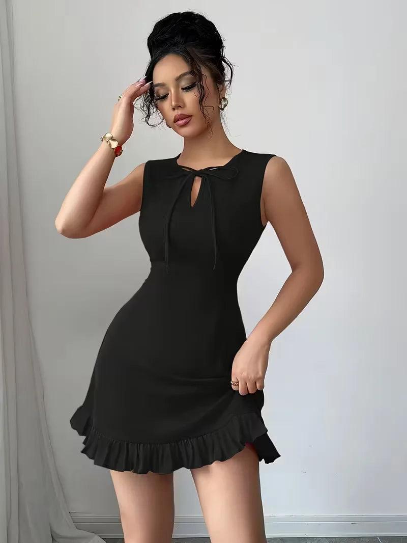 Black Mini Dress with Tie Neckline