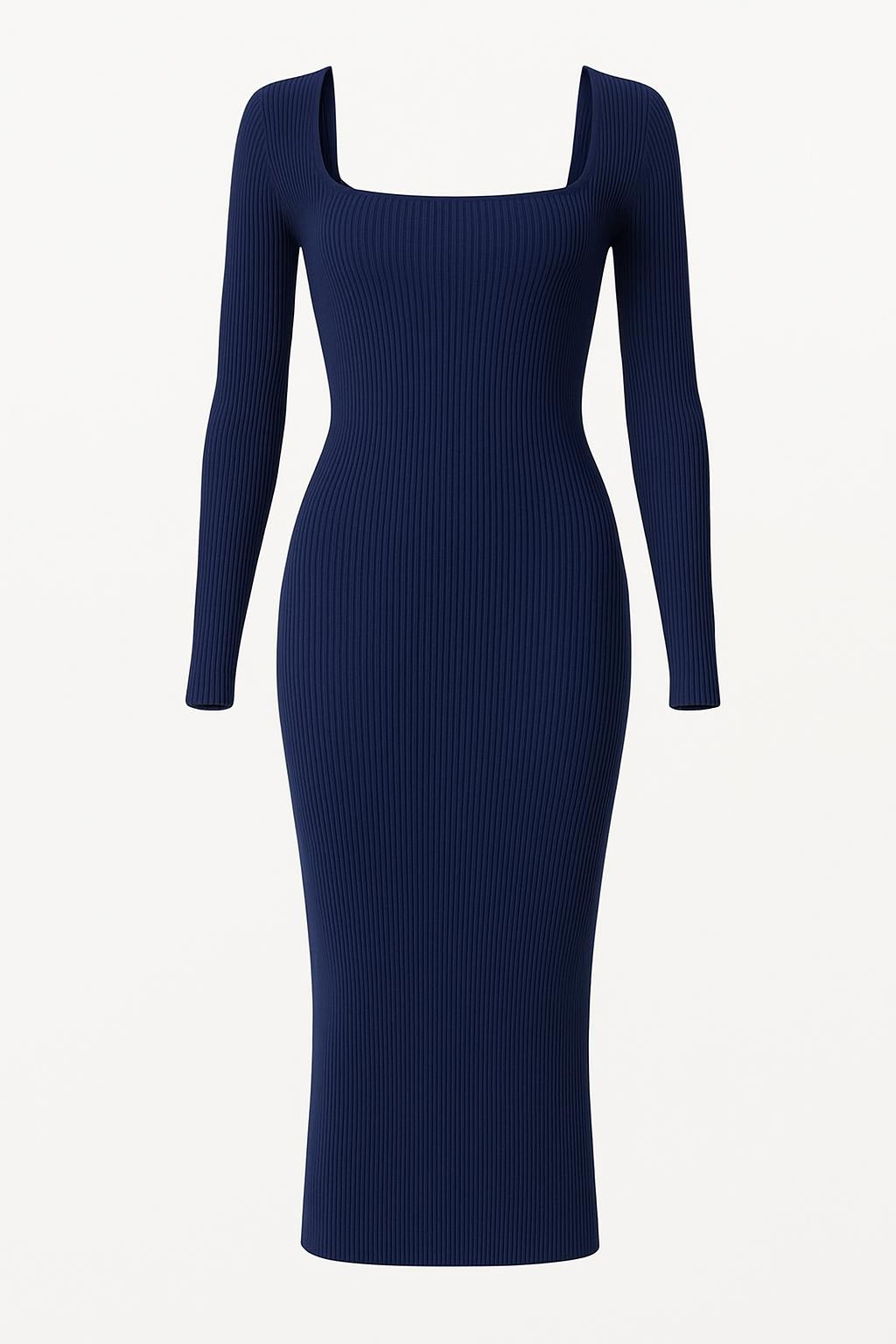 Navy Midi Dress with Long Sleeves and Square Neck