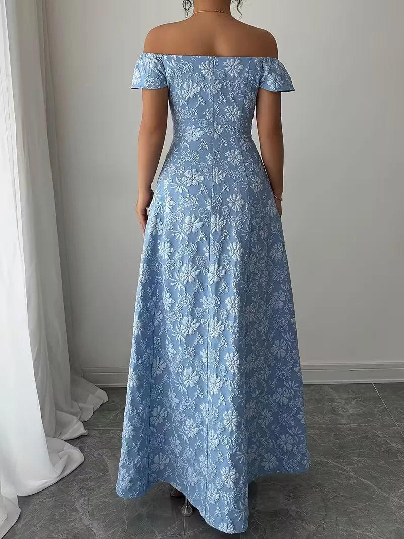 Blue Maxi Dress with Off Shoulder Neckline