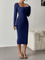 Navy Midi Dress with Long Sleeves and Square Neck