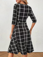 Plaid Midi Dress with Belted Waist and Three Quarter Sleeves