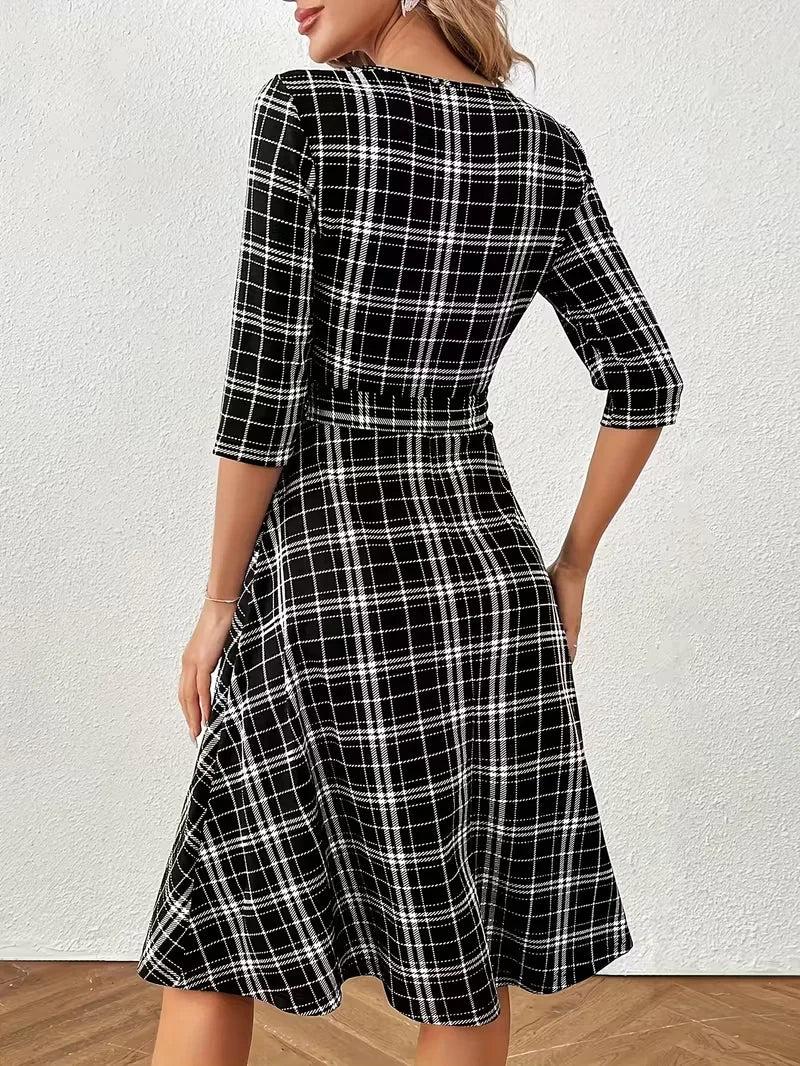Plaid Midi Dress with Belted Waist and Three Quarter Sleeves