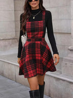 Plaid Mini Pinafore Dress with Belted Waist