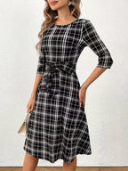 Plaid Midi Dress with Belted Waist and Three Quarter Sleeves