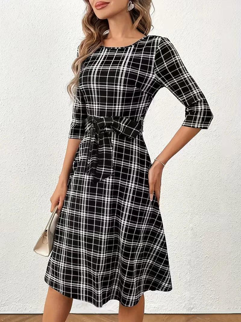Plaid Midi Dress with Belted Waist and Three Quarter Sleeves