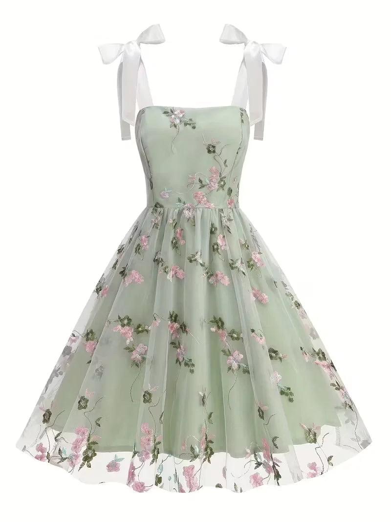 Floral Midi Dress with Ribbon Straps