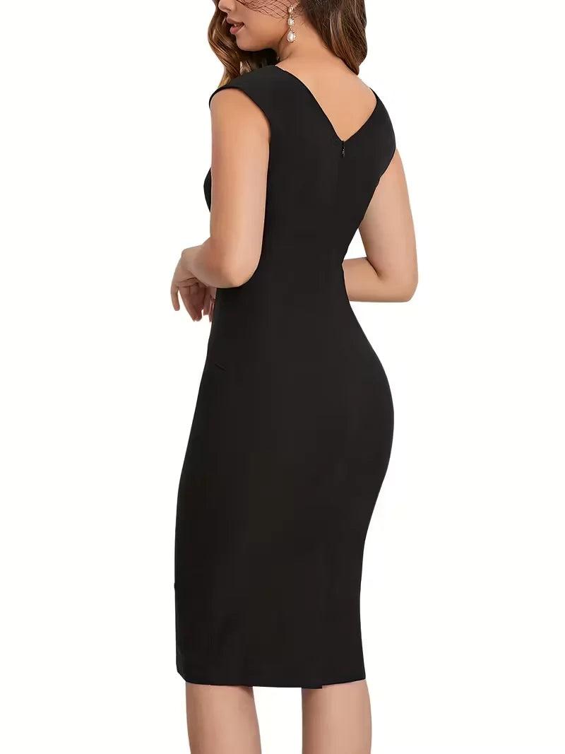 Black Midi Dress with Asymmetrical Neckline