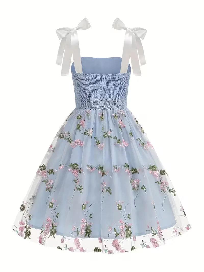 Floral Midi Dress with Ribbon Straps