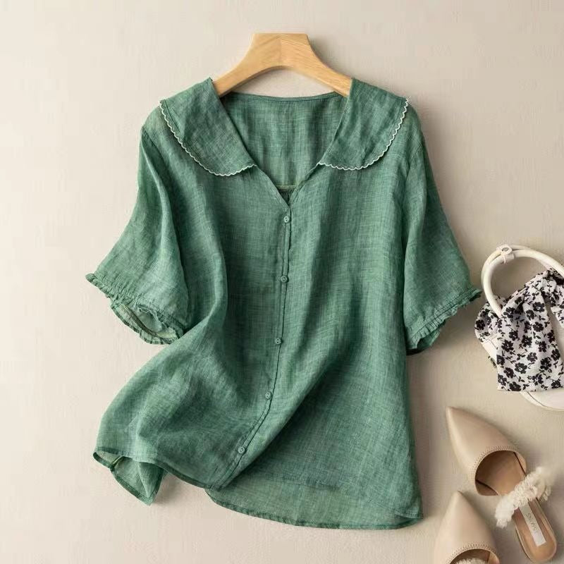 Women's Linen Tunic Blouse with Peter Pan Collar