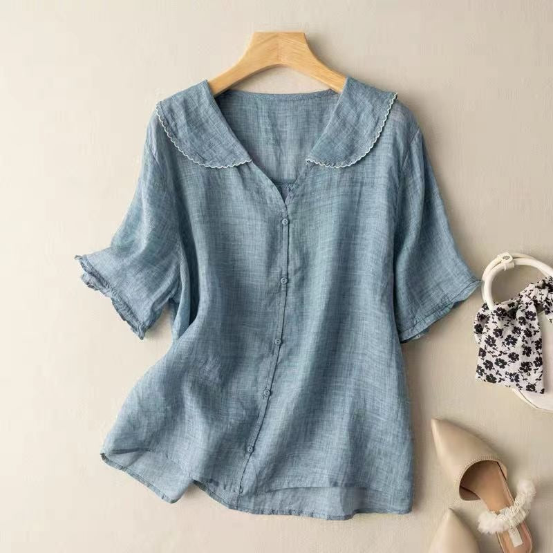 Women's Linen Tunic Blouse with Peter Pan Collar