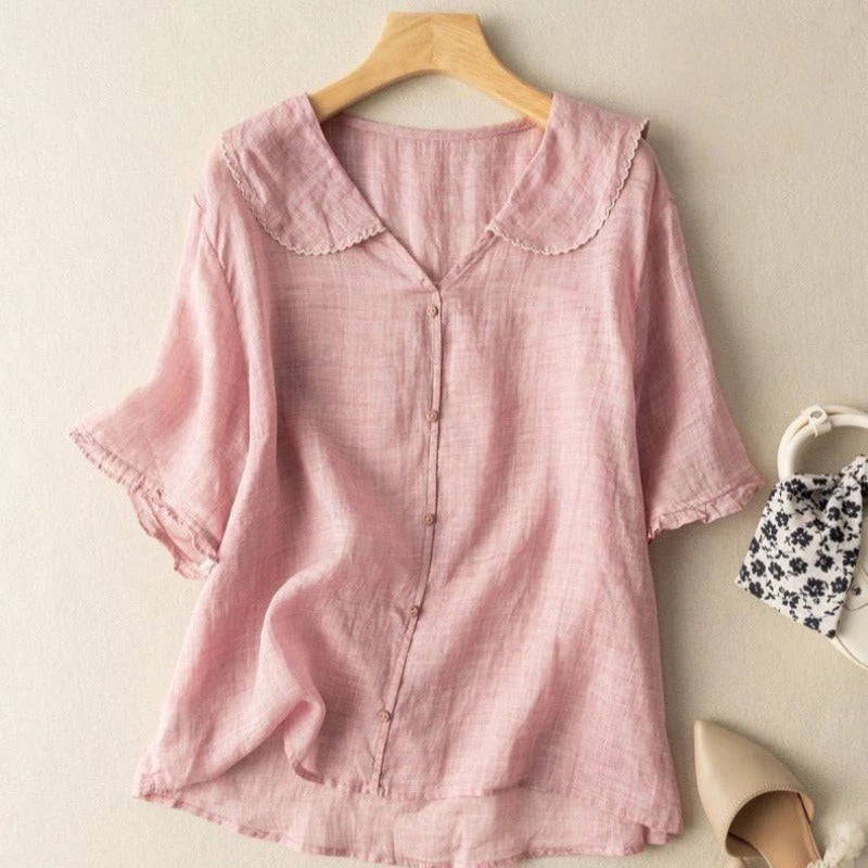 Women's Linen Tunic Blouse with Peter Pan Collar