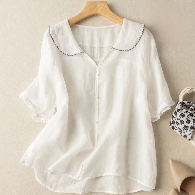 Women's Linen Tunic Blouse with Peter Pan Collar