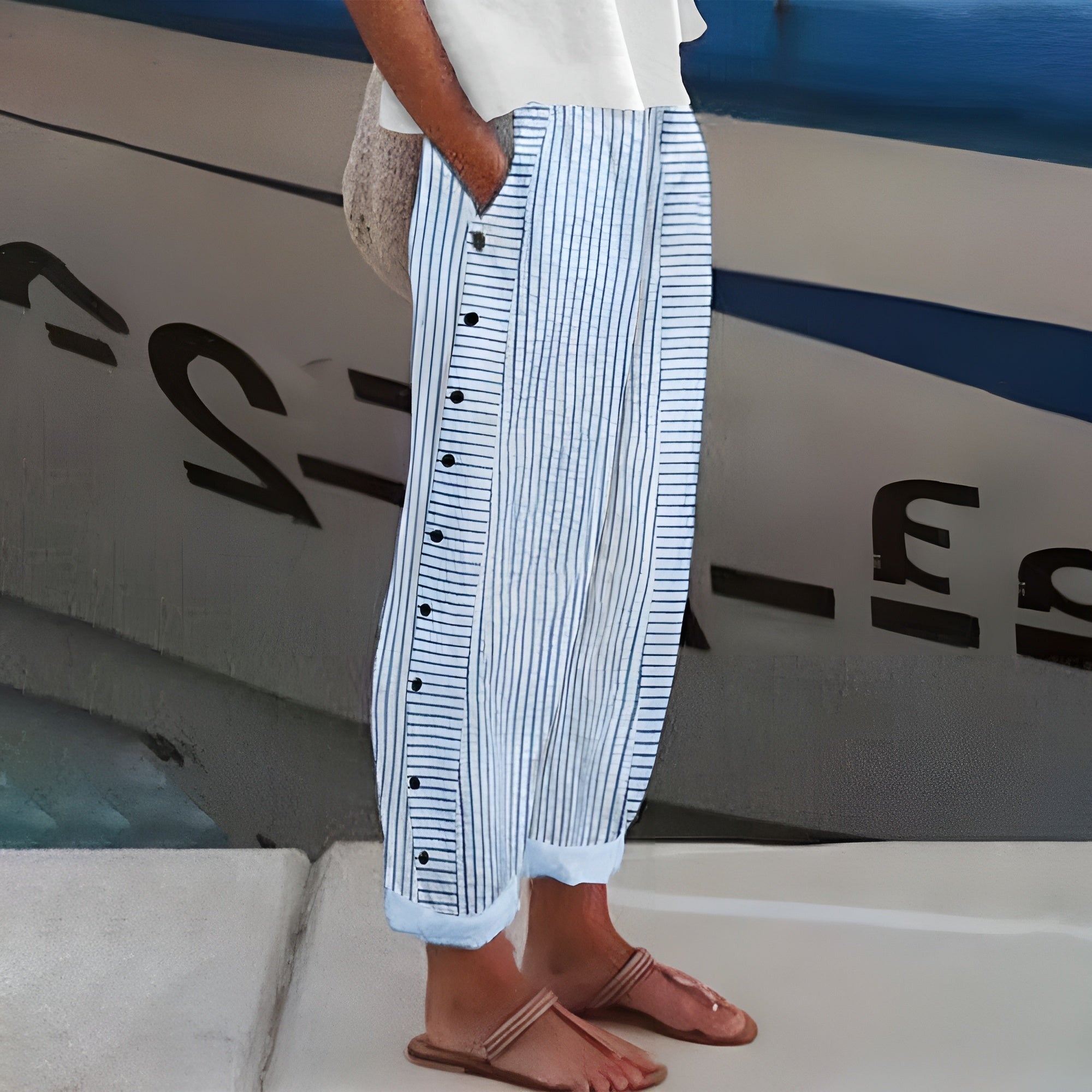 Women's Striped Summer Wide Leg Pants with Side Buttons and Pockets