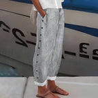 Women's Striped Summer Wide Leg Pants with Side Buttons and Pockets