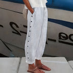 Women's Striped Summer Wide Leg Pants with Side Buttons and Pockets