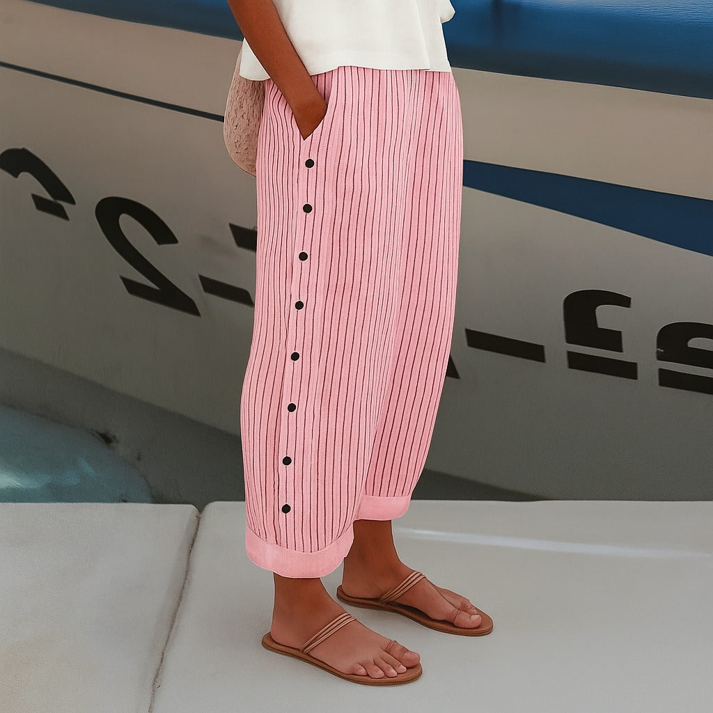 Women's Striped Summer Wide Leg Pants with Side Buttons and Pockets