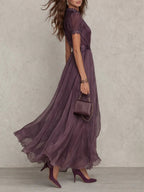 Women's Wedding Guest Evening Maxi Dress with Puff Sleeves