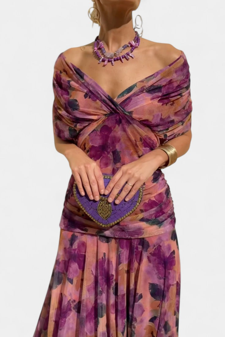 Women's Wedding Guest Evening Midi Dress with Off-Shoulder Neckline