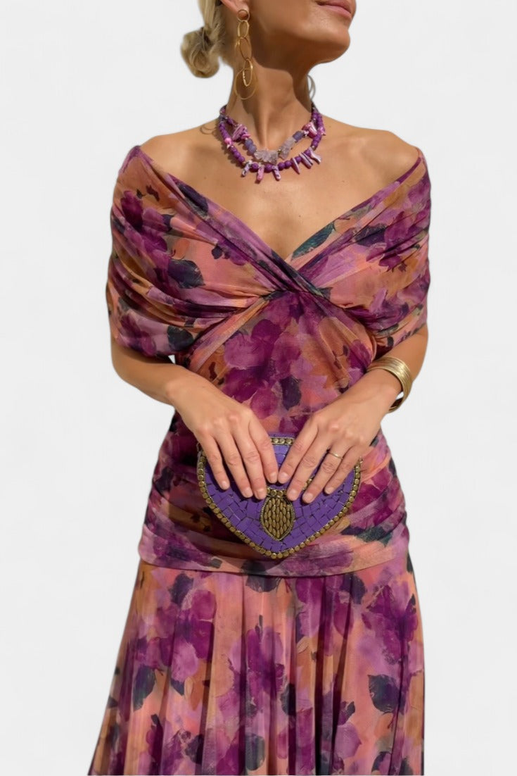 Women's Wedding Guest Evening Midi Dress with Off-Shoulder Neckline