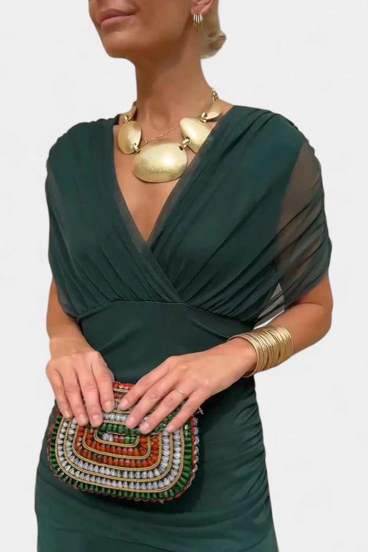 Women's Wedding Guest Evening Midi Dress with Off-Shoulder Neckline