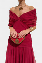 Women's Wedding Guest Evening Midi Dress with Off-Shoulder Neckline