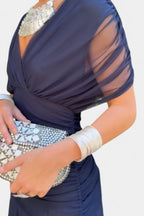 Women's Wedding Guest Evening Midi Dress with Off-Shoulder Neckline