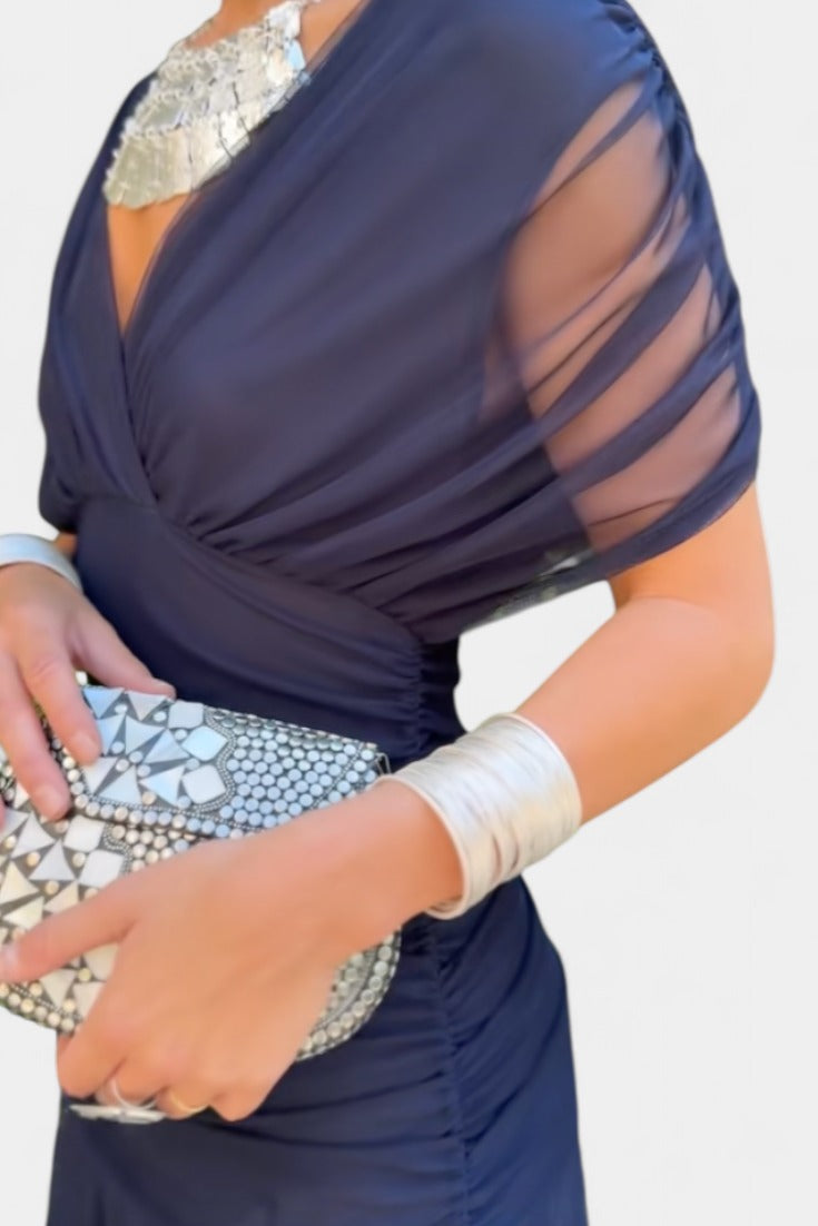 Women's Wedding Guest Evening Midi Dress with Off-Shoulder Neckline