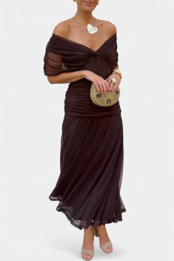 Women's Wedding Guest Evening Midi Dress with Off-Shoulder Neckline